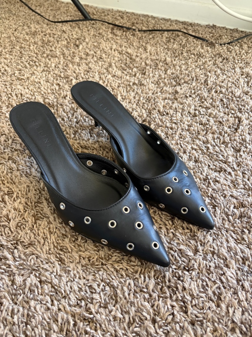 Billini Black Pointed Mule Slides with Silver Eyelets